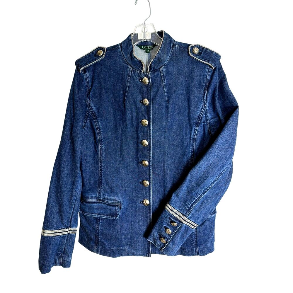 Lauren Ralph Lauren Bluestar Military Denim Jacket Stand Collar Silver Trim 12